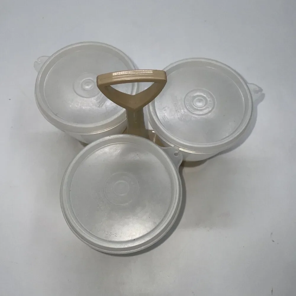 Tupperware Condiment Serving Caddy #757- 4 Taupe White Lids Cups Party Picnic
